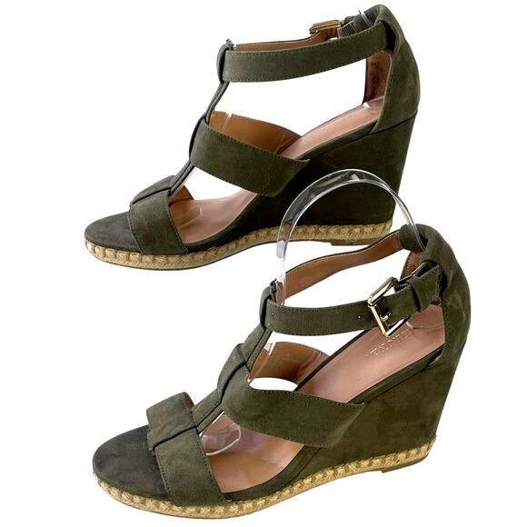 Merona Womens Open Toe Faux Suede 4" Wedge Olive Green Gold Buckle Strappy S 9 - Picture 2 of 12
